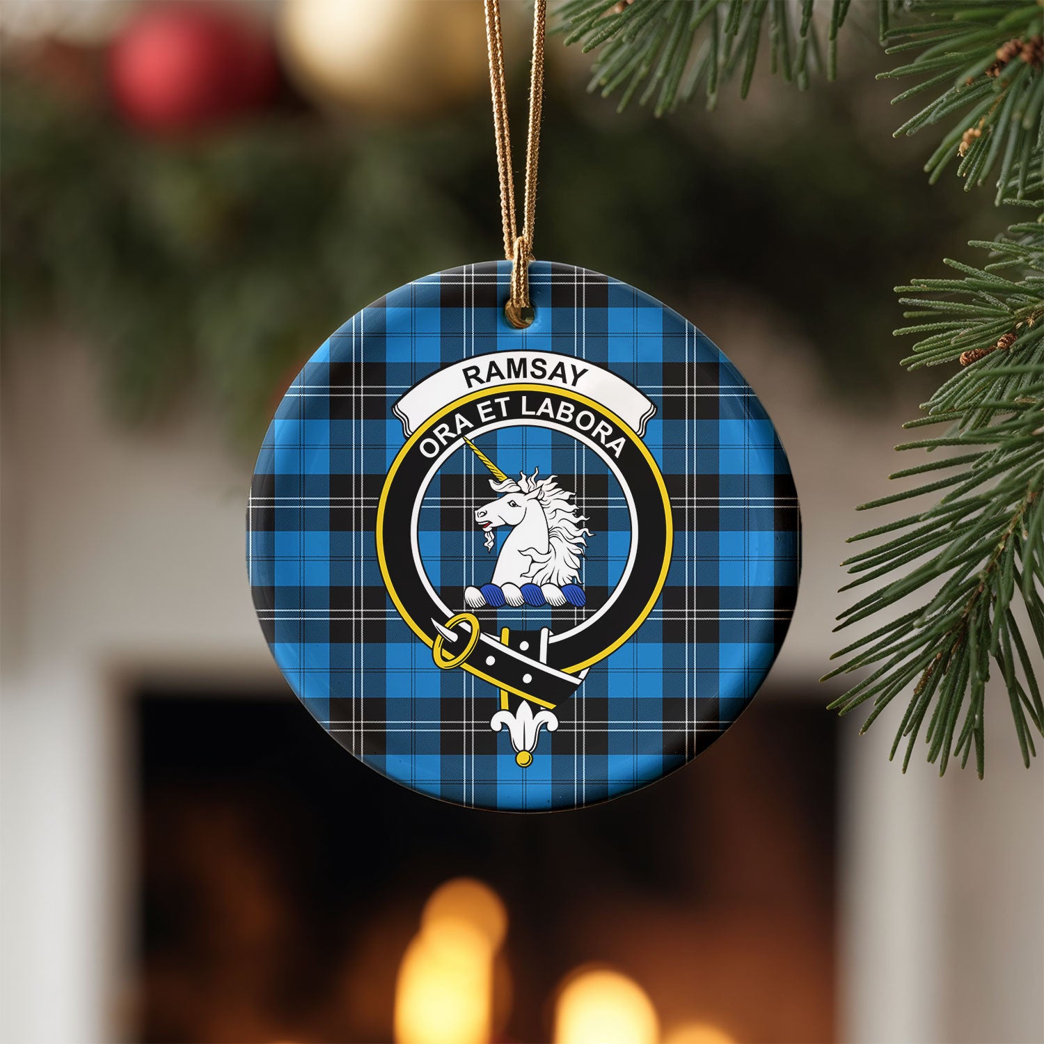 Ramsay Blue Ancient Tartan Crest Christmas Ceramic Ornament