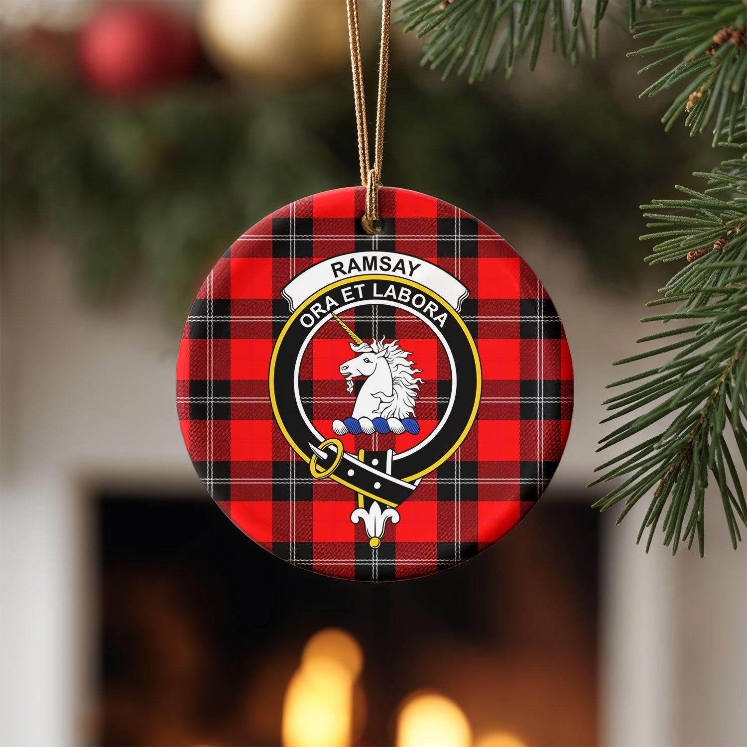 Ramsay Modern Tartan Crest Christmas Ceramic Ornament