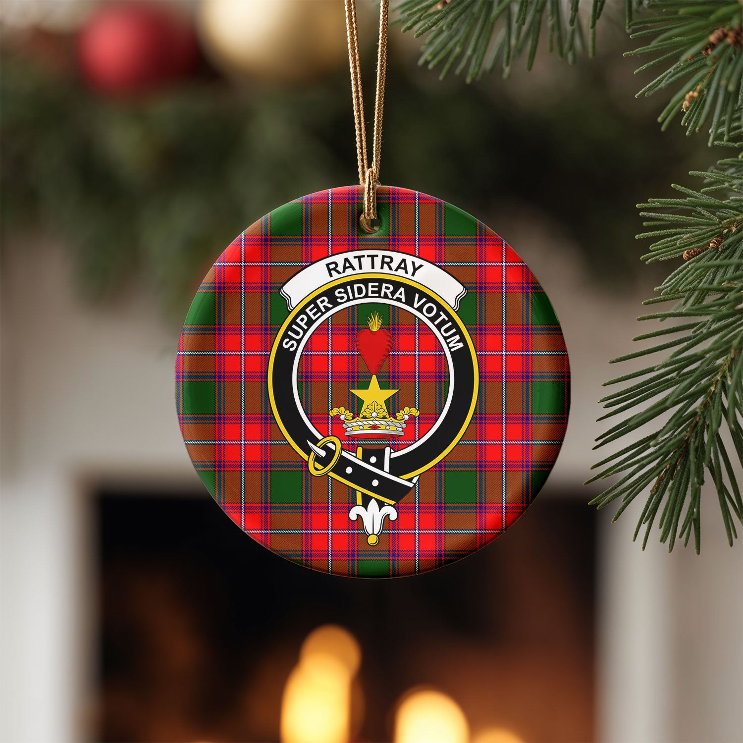 Rattray Modern Tartan Crest Christmas Ceramic Ornament