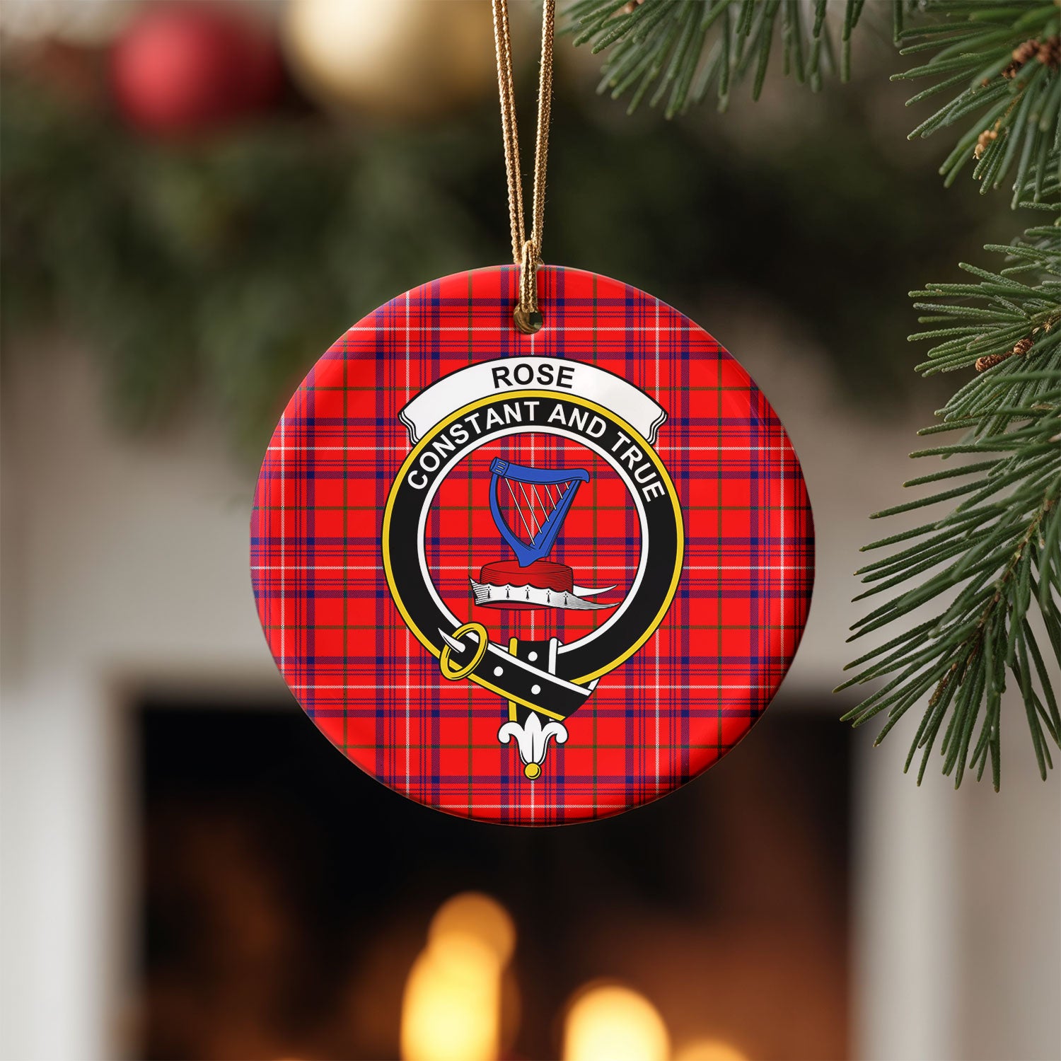 Rose Modern Tartan Crest Christmas Ceramic Ornament