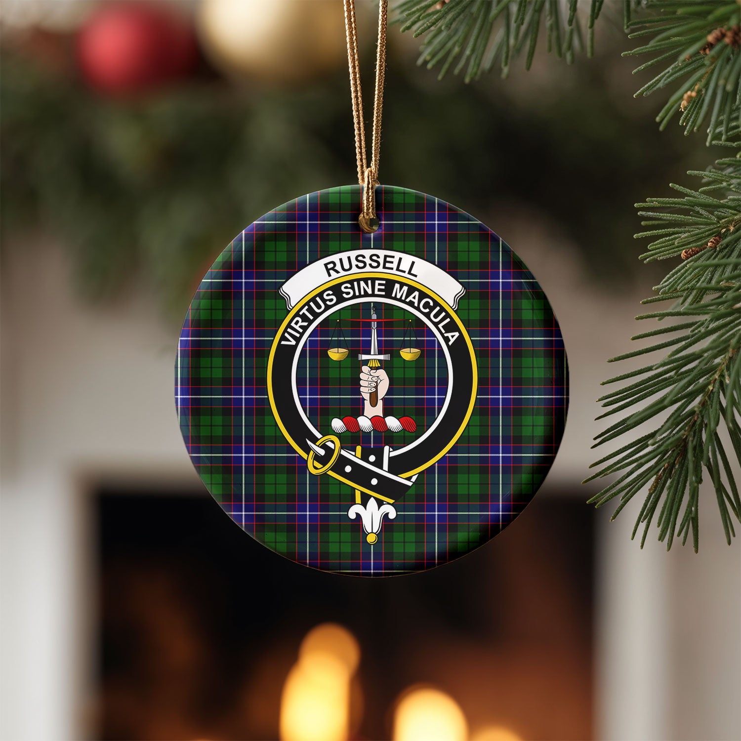 Russell Modern Tartan Crest Christmas Ceramic Ornament