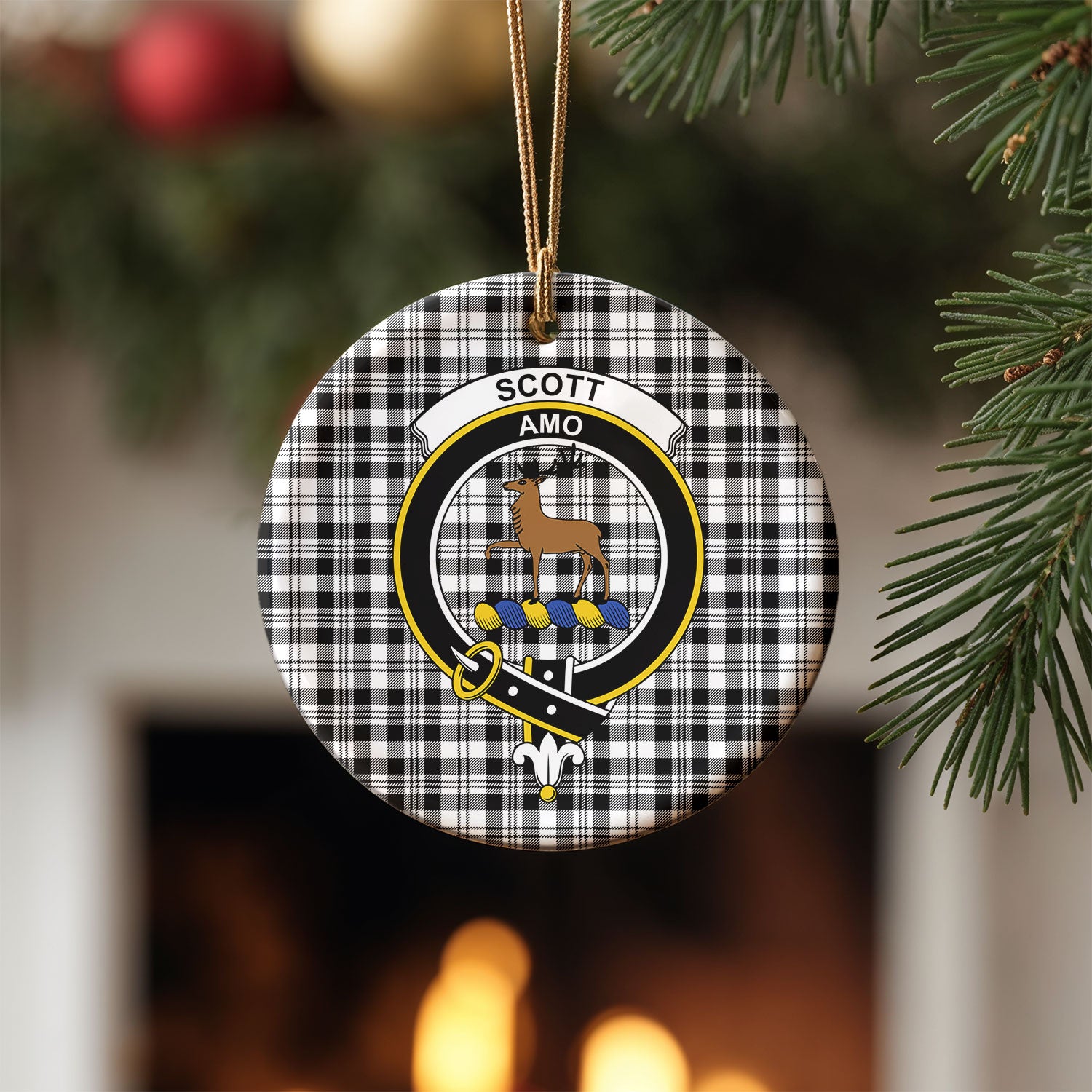 Scott Black & White Modern Tartan Crest Christmas Ceramic Ornament