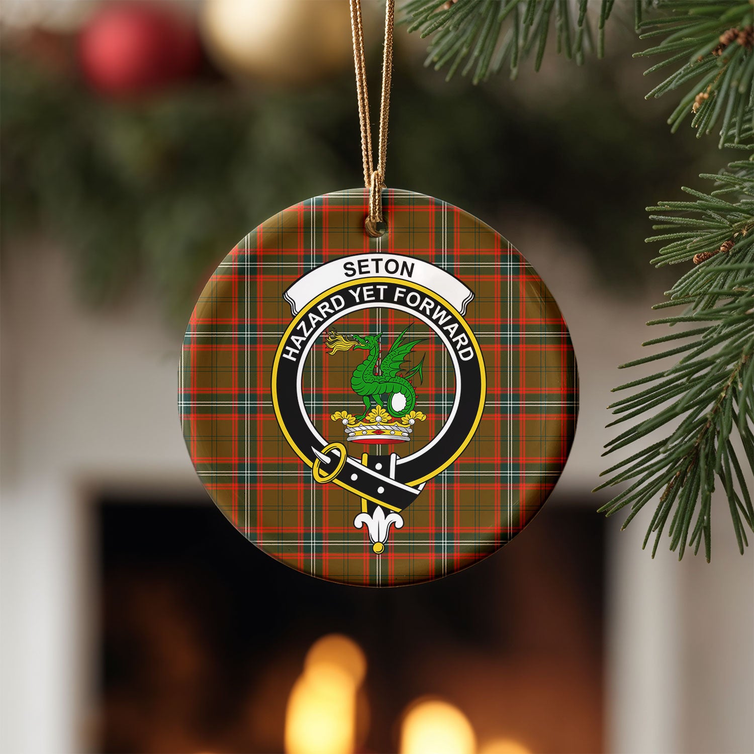 Seton Hunting Modern Tartan Crest Christmas Ceramic Ornament