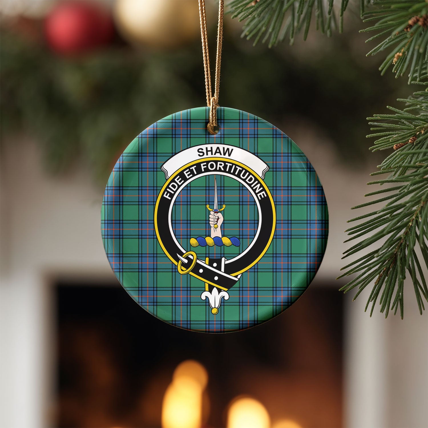 Shaw Ancient Tartan Crest Christmas Ceramic Ornament