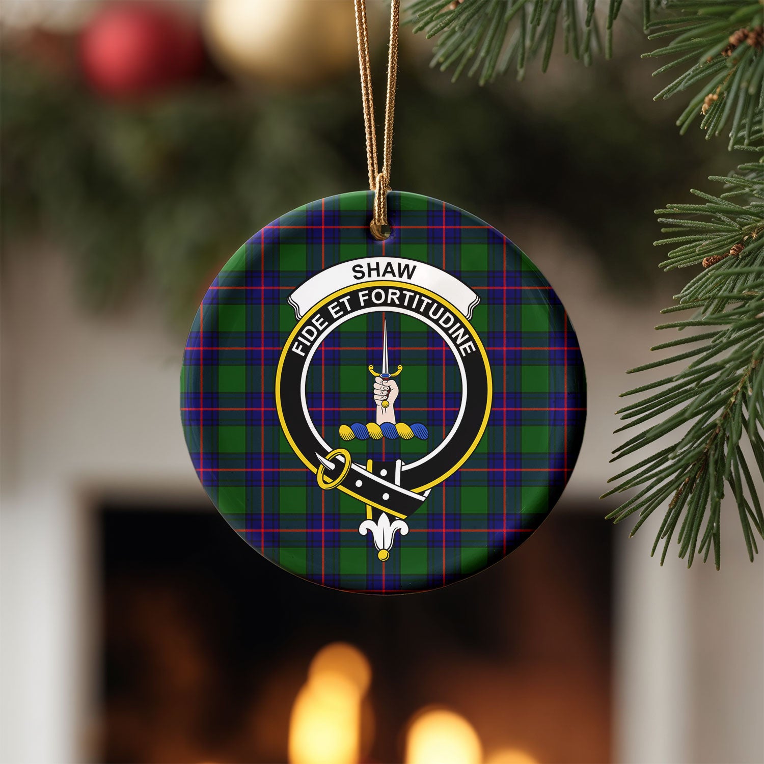 Shaw Modern Tartan Crest Christmas Ceramic Ornament