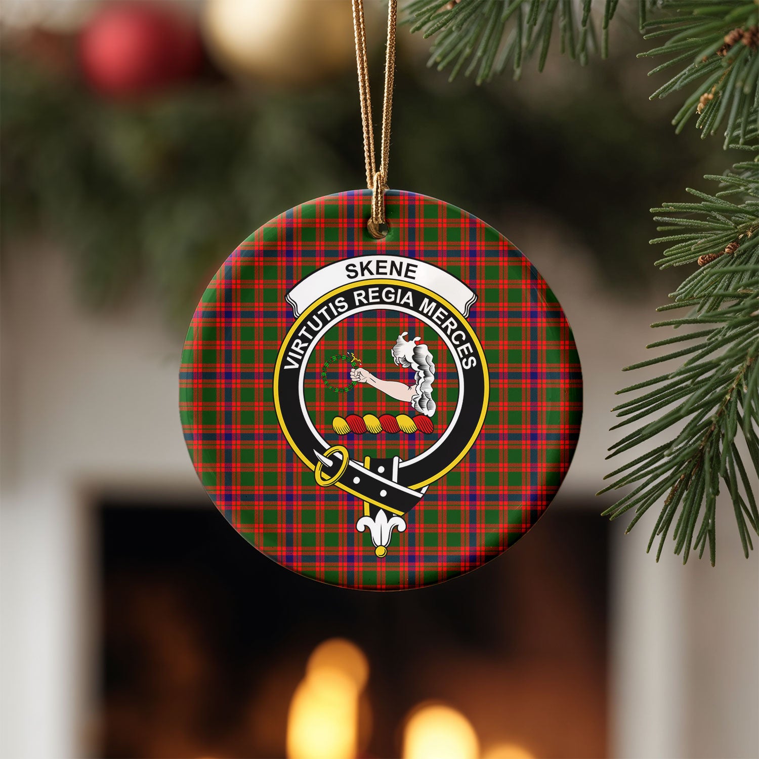 Skene Modern Tartan Crest Christmas Ceramic Ornament