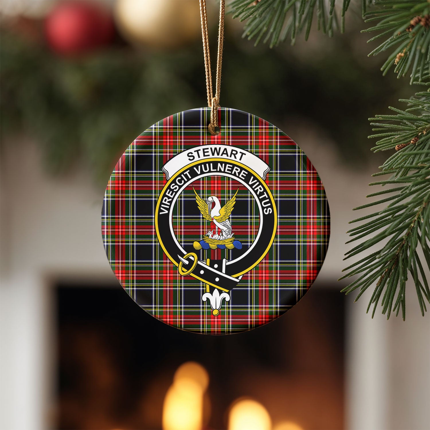 Stewart Black Tartan Crest Christmas Ceramic Ornament