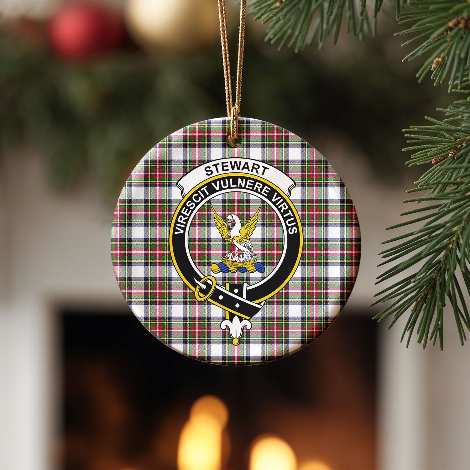 Stewart Dress Modern Tartan Crest Christmas Ceramic Ornament