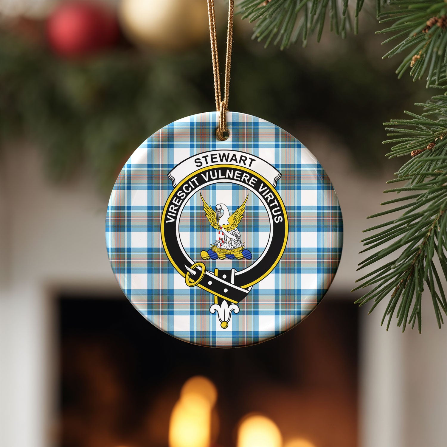 Stewart Muted Blue Tartan Crest Christmas Ceramic Ornament
