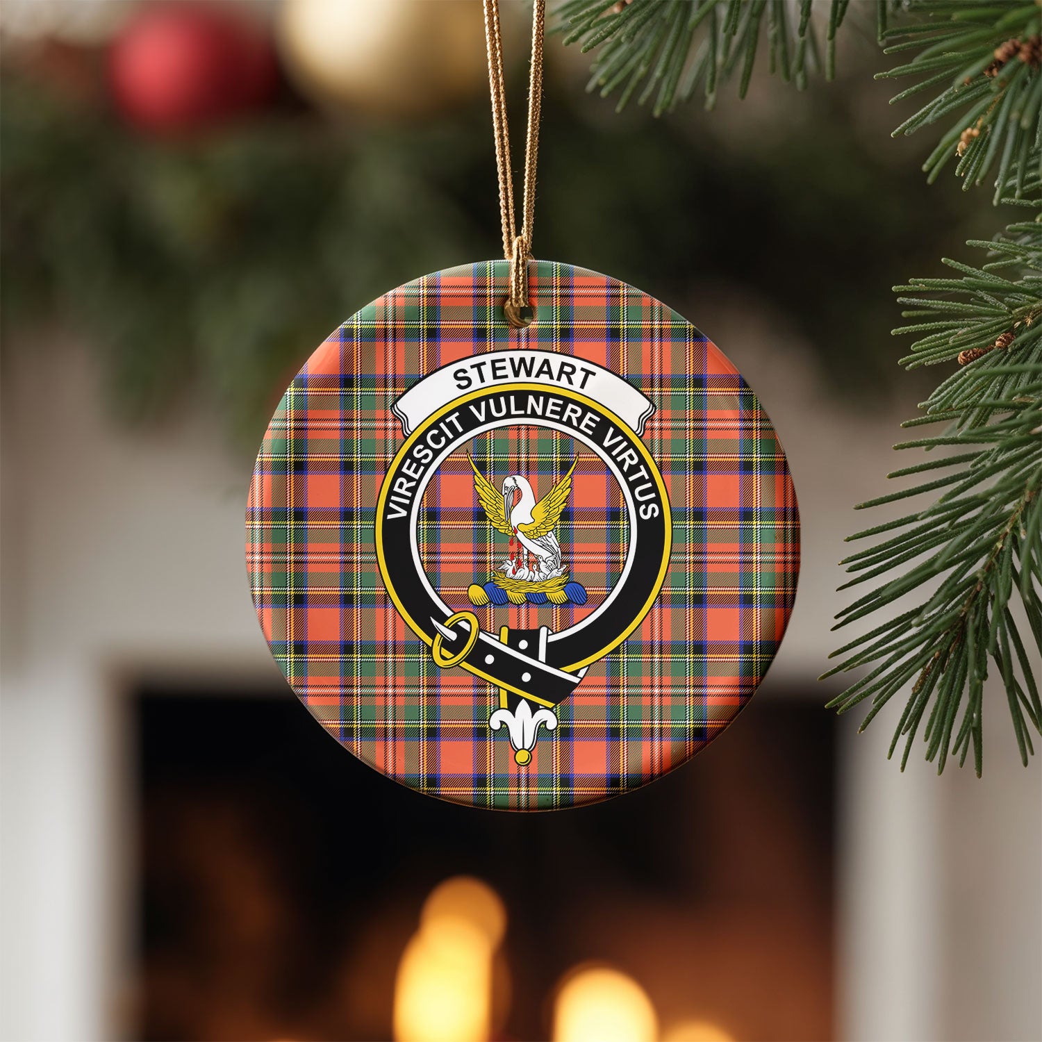 Stewart Royal Ancient Tartan Crest Christmas Ceramic Ornament