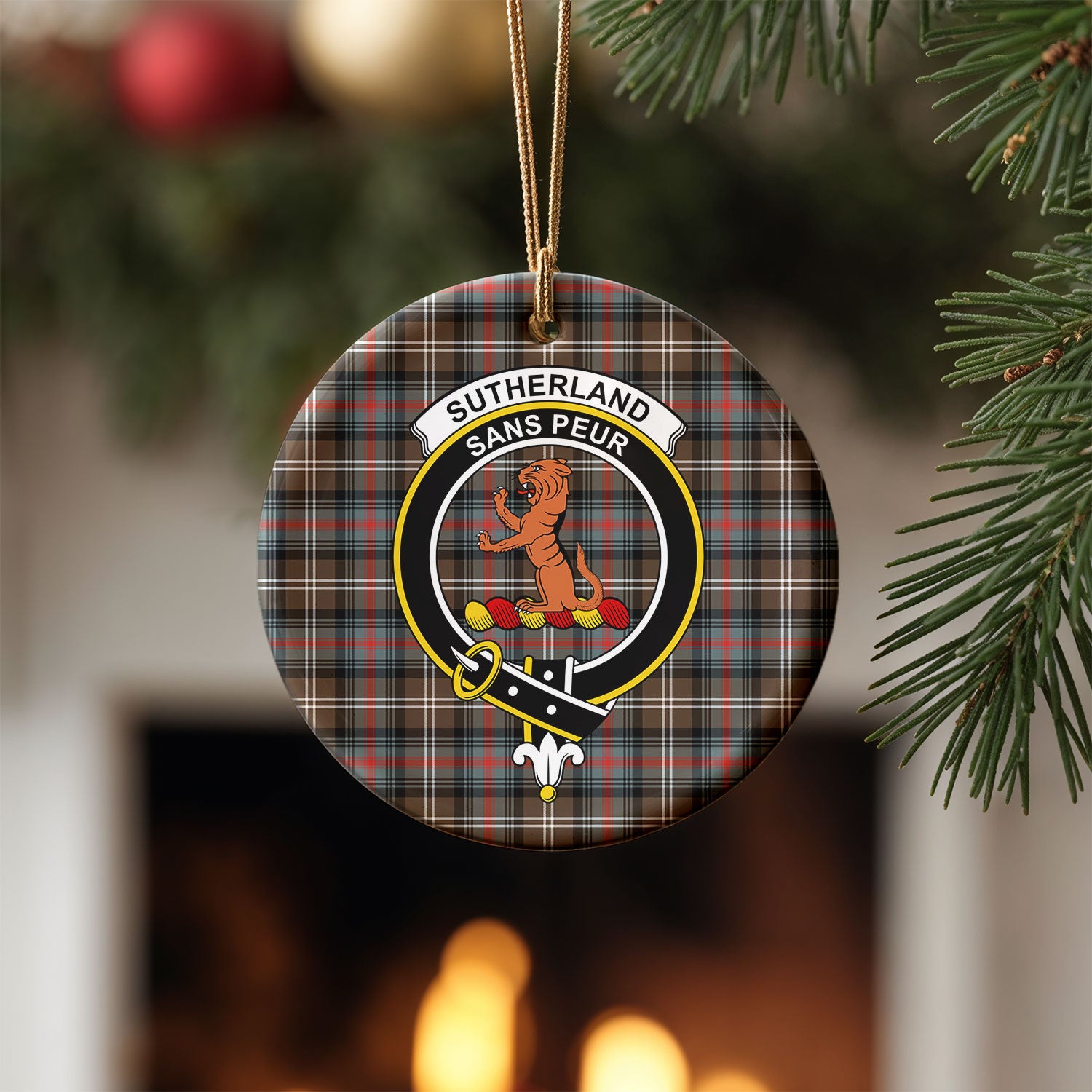 Sutherland Weathered Tartan Crest Christmas Ceramic Ornament