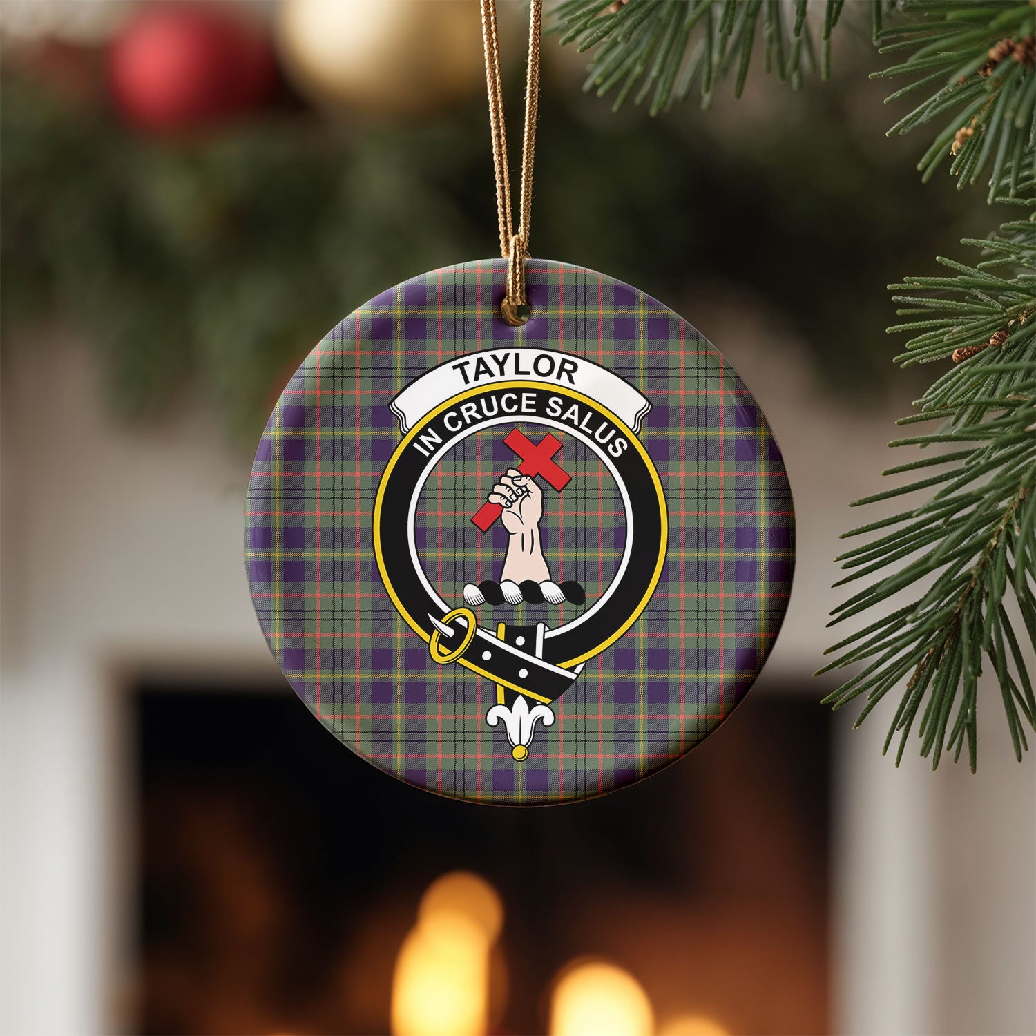 Taylor Weathered Tartan Crest Christmas Ceramic Ornament