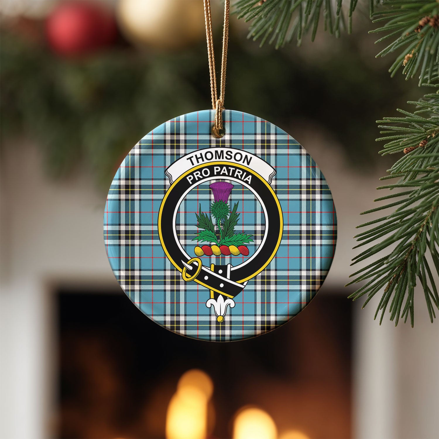 Thomson Blue Tartan Crest Christmas Ceramic Ornament