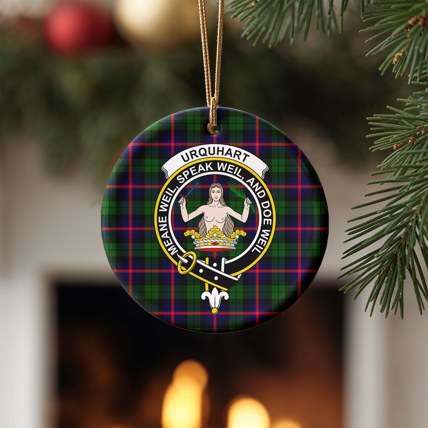 Urquhart Modern Tartan Crest Christmas Ceramic Ornament
