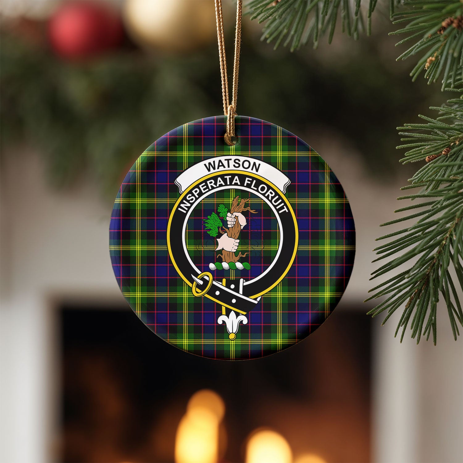 Watson Modern Tartan Crest Christmas Ceramic Ornament