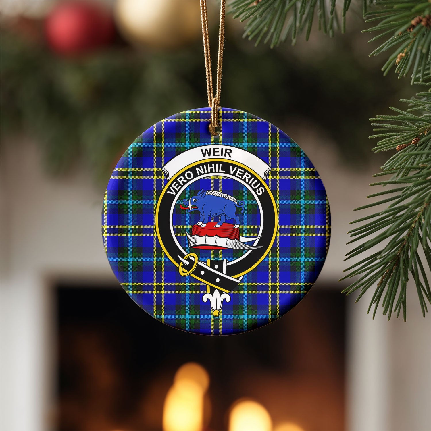 Weir Modern Tartan Crest Christmas Ceramic Ornament