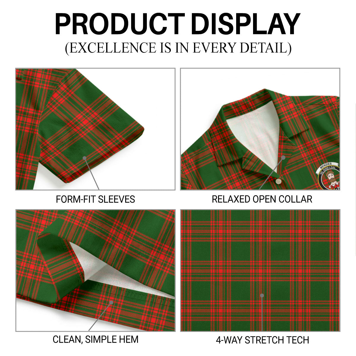 Menzies Green Modern Tartan Crest Hawaiian Shirt
