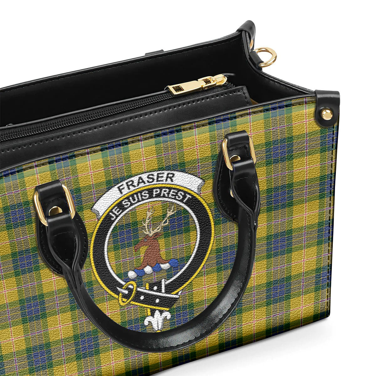 Fraser (of Lovat) Yellow Tartan Crest Leather Handbag