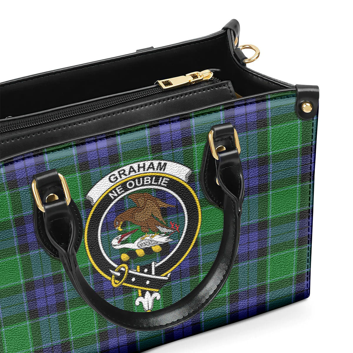 Graham of Menteith Modern Tartan Crest Leather Handbag