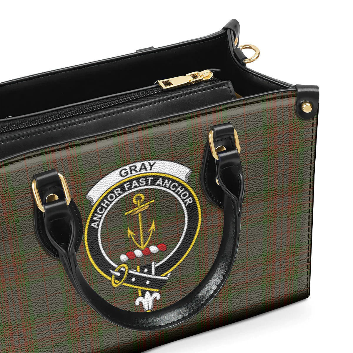 Gray Tartan Crest Leather Handbag