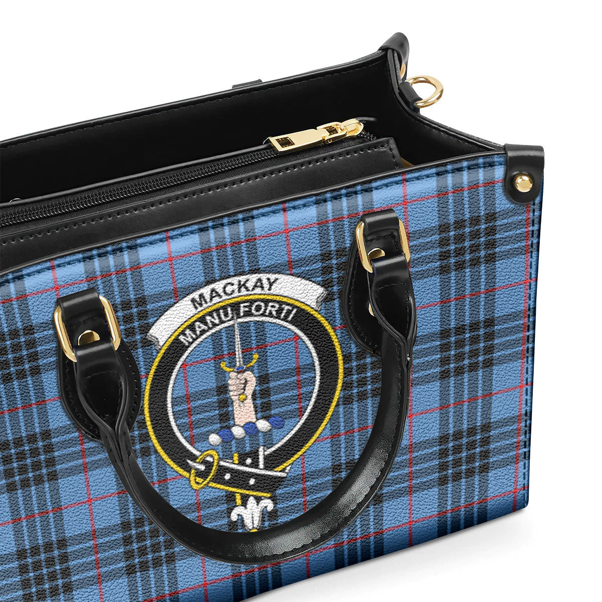 MacKay Blue Tartan Crest Leather Handbag