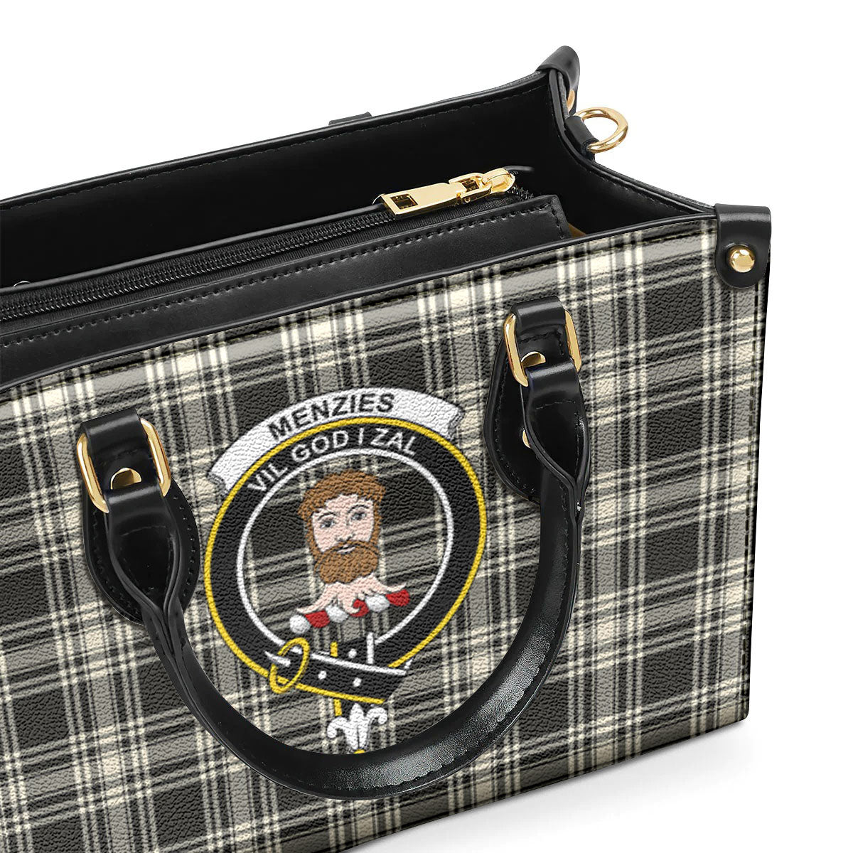 Menzies Black - White Ancient Tartan Crest Leather Handbag