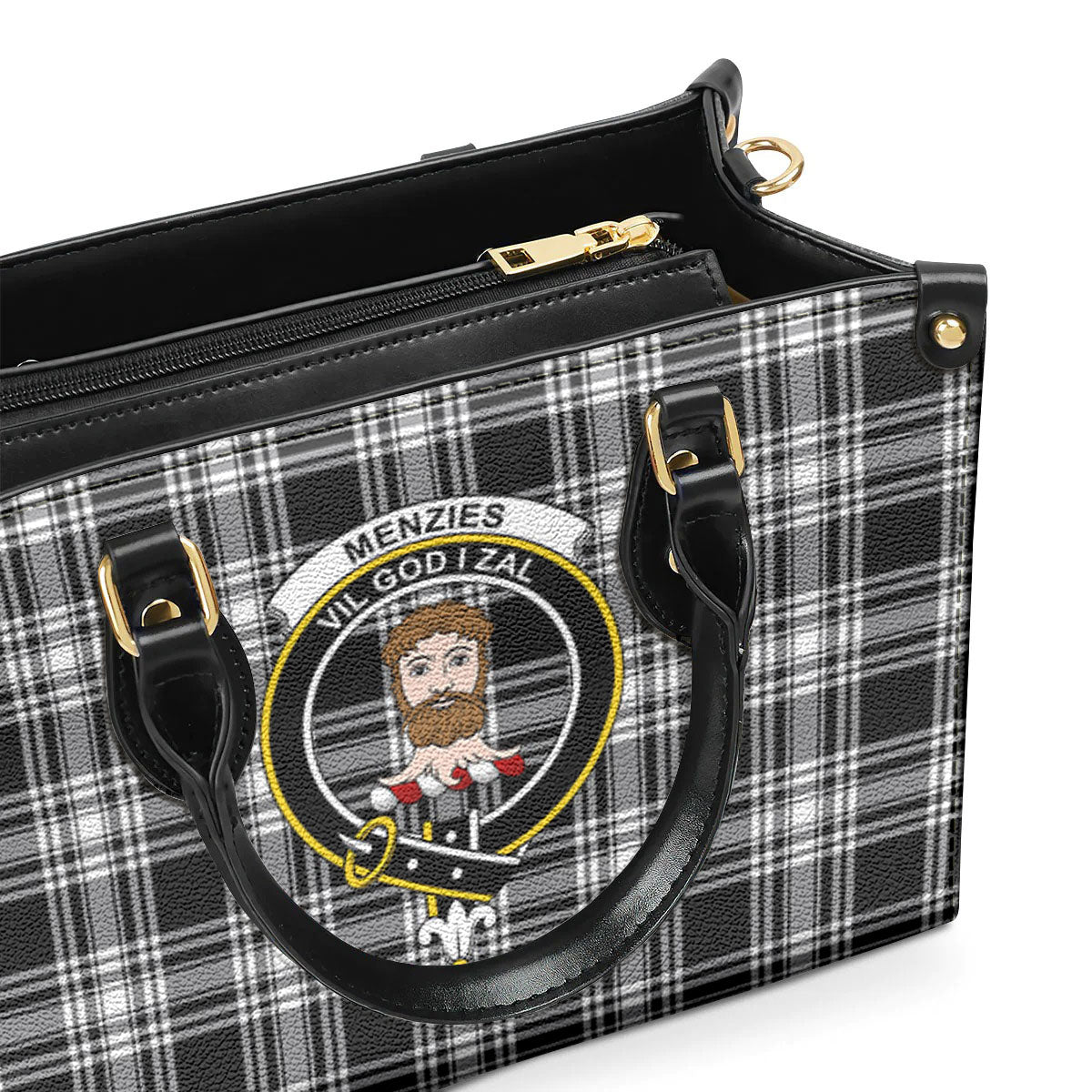 Menzies Black - White Modern Tartan Crest Leather Handbag