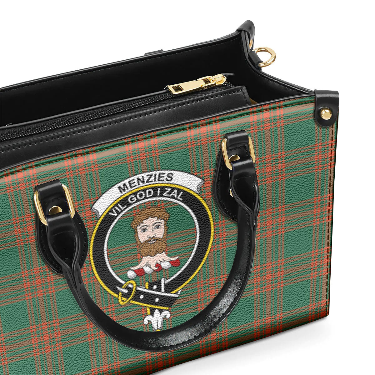 Menzies Green Ancient Tartan Crest Leather Handbag