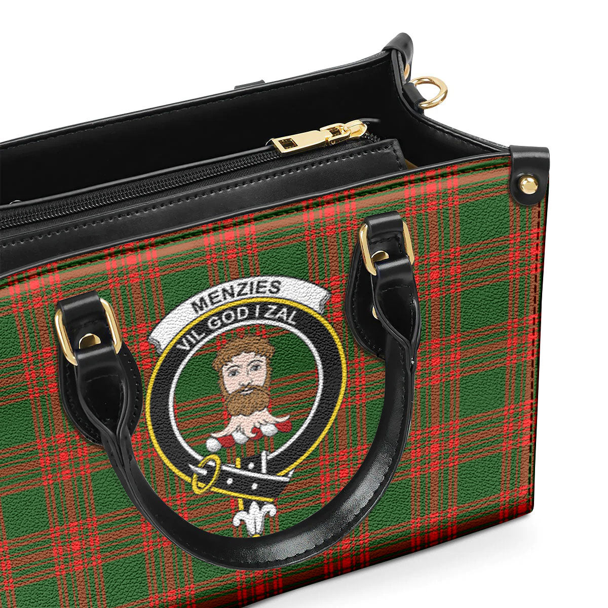 Menzies Green Modern Tartan Crest Leather Handbag