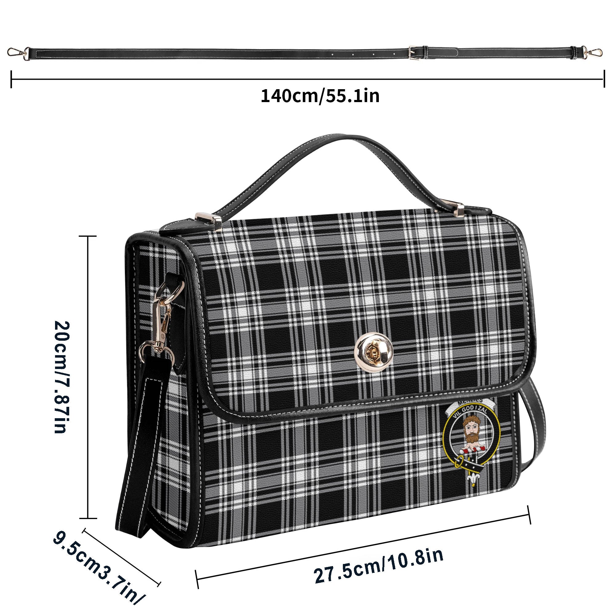 Menzies Black - White Modern Tartan Crest Satchel Bag