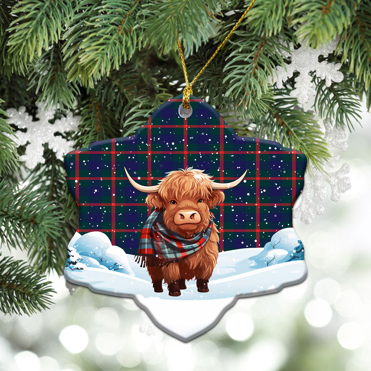 Agnew Modern Tartan Christmas Ceramic Ornament - Highland Cows Snow Style