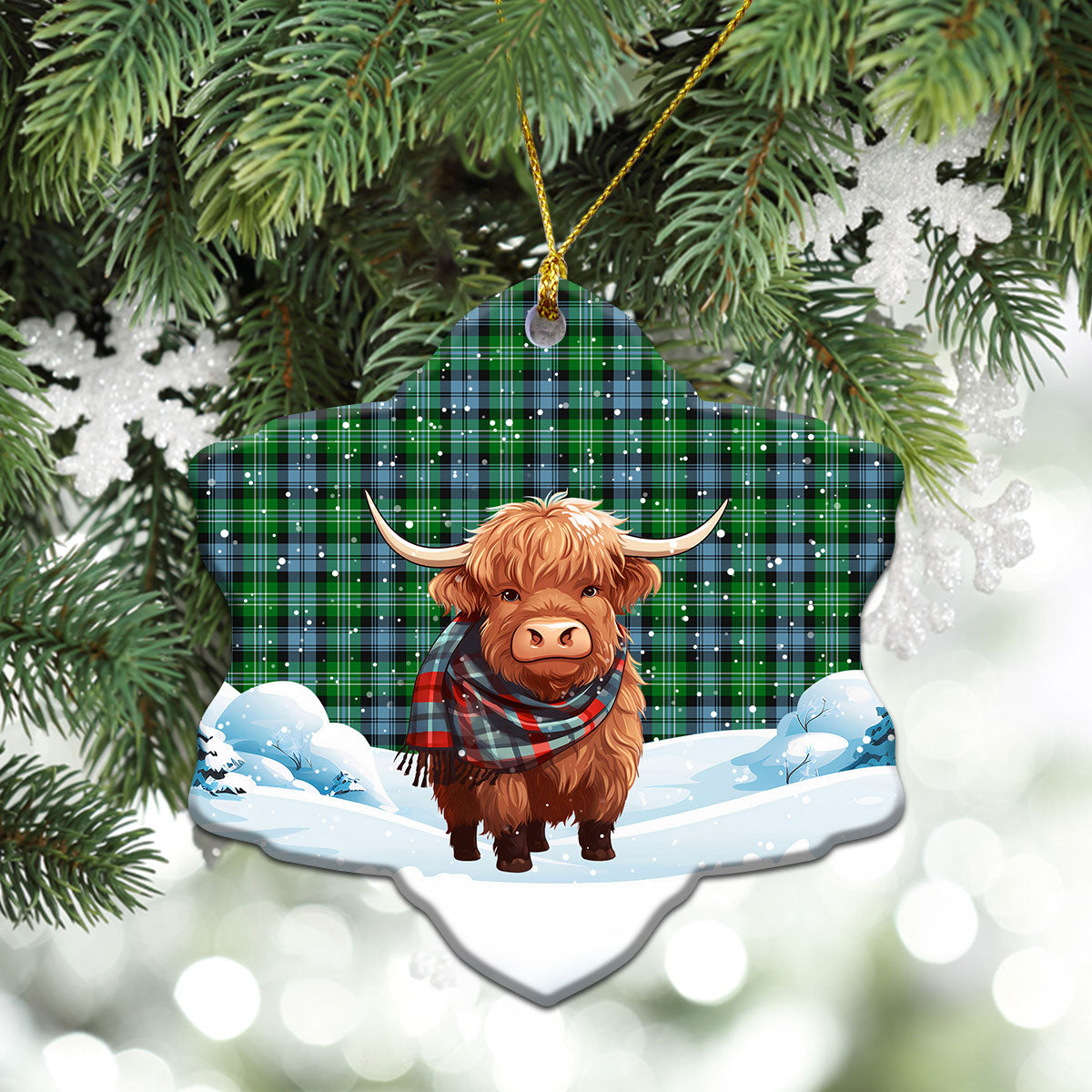 Arbuthnot Ancient Tartan Christmas Ceramic Ornament - Highland Cows Snow Style