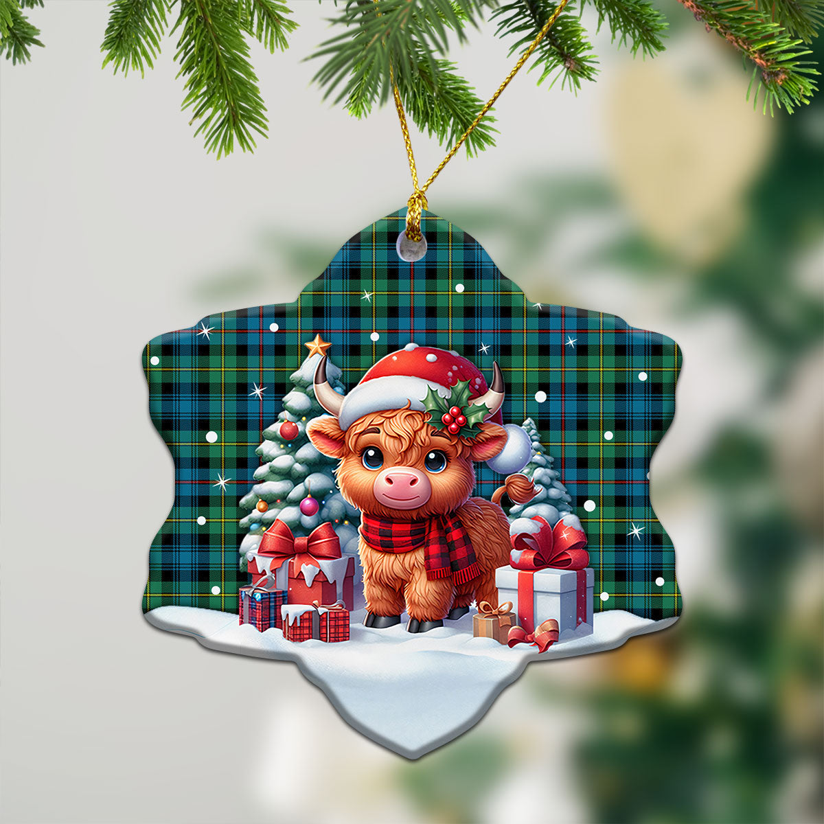 Baillie Ancient Tartan Christmas Ceramic Ornament - Highland Cow Winter Style