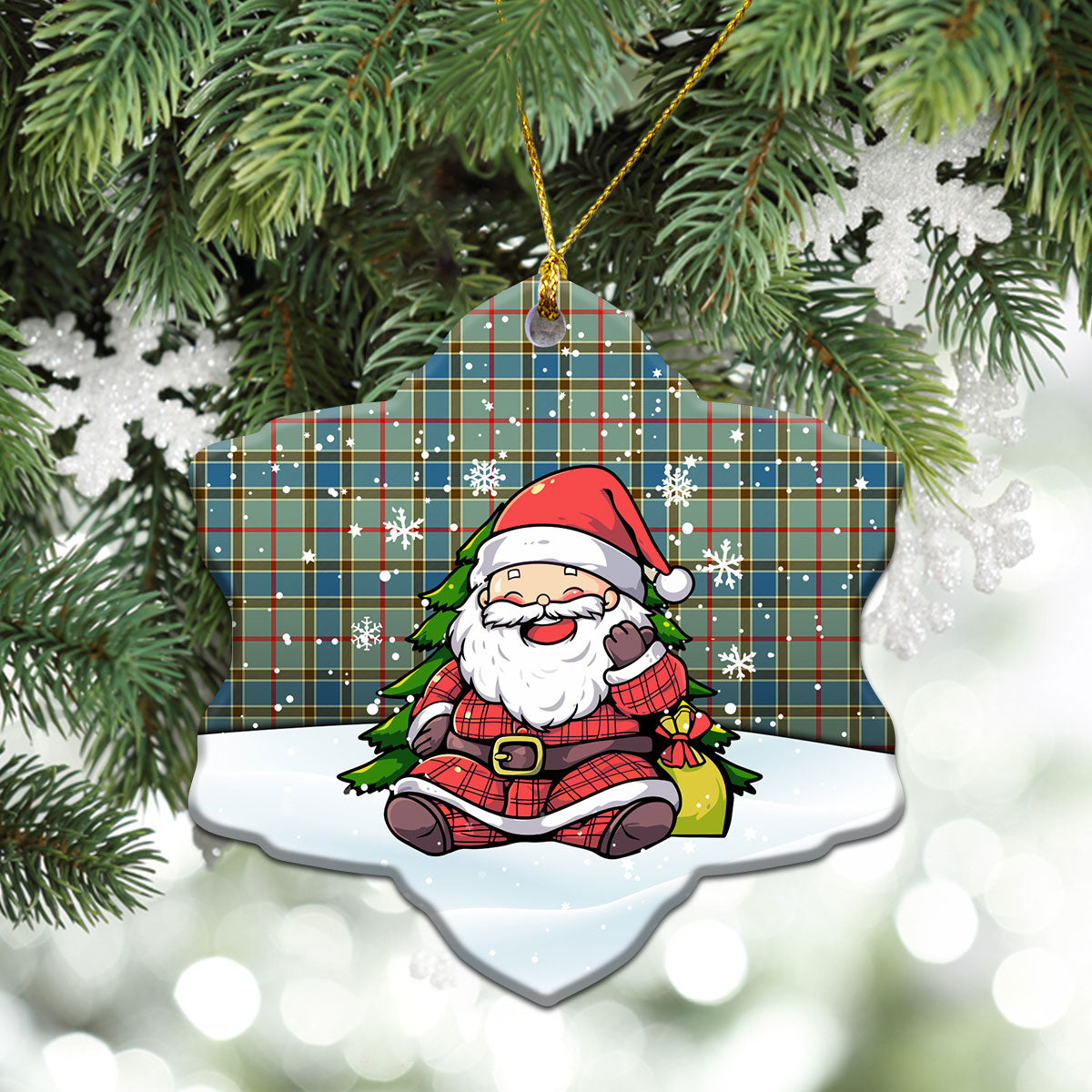 Balfour Blue Tartan Christmas Ceramic Ornament - Scottish Santa Style