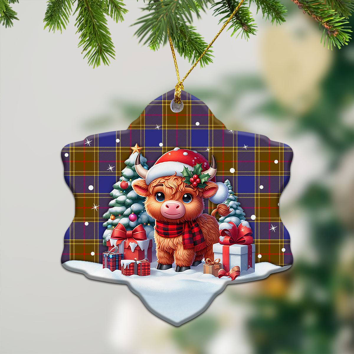 Balfour Modern Tartan Christmas Ceramic Ornament - Highland Cow Winter Style