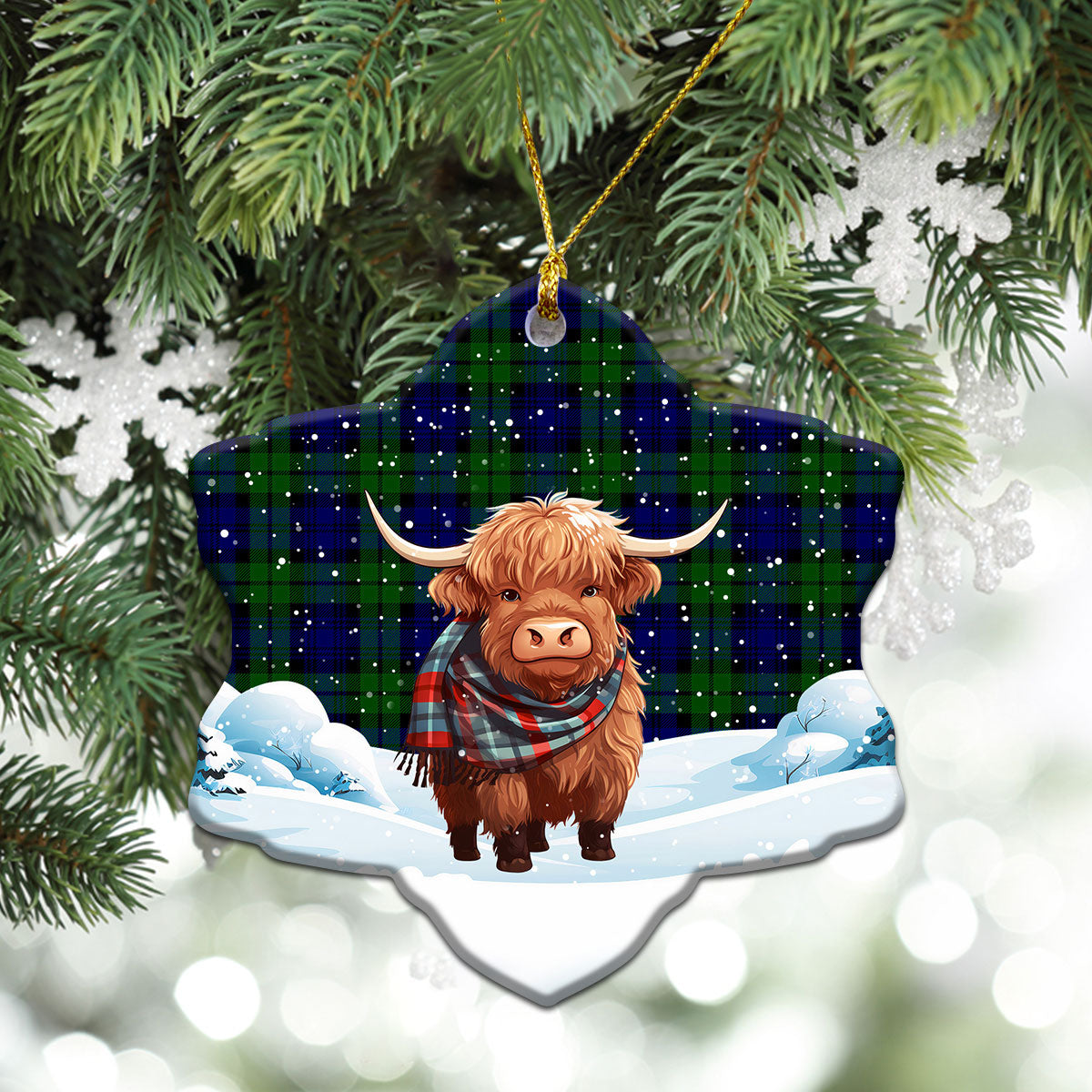 Bannatyne Tartan Christmas Ceramic Ornament - Highland Cows Snow Style