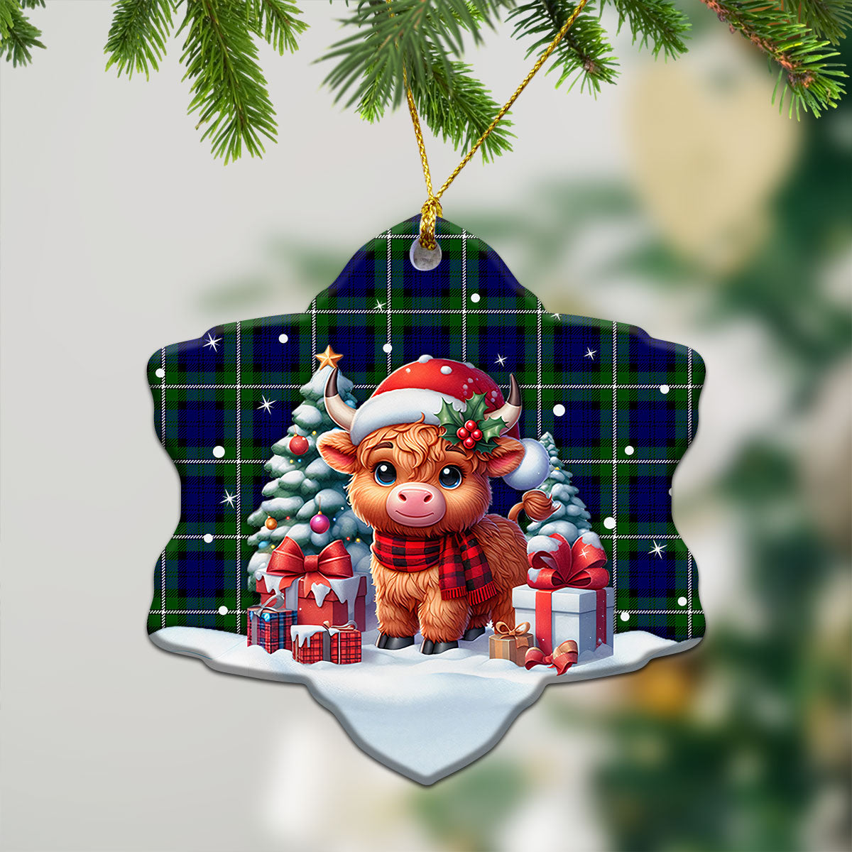 Bannerman Tartan Christmas Ceramic Ornament - Highland Cow Winter Style