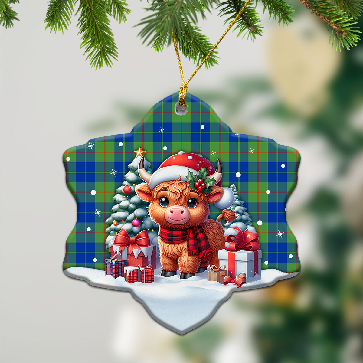 Barclay Hunting Ancient Tartan Christmas Ceramic Ornament - Highland Cow Winter Style