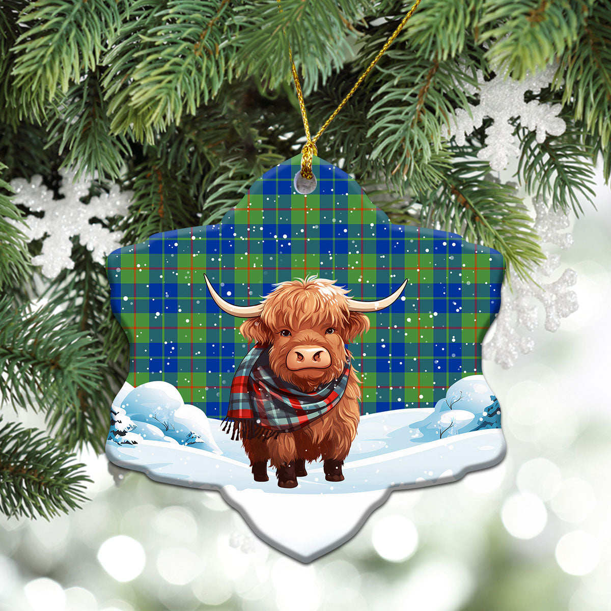 Barclay Hunting Ancient Tartan Christmas Ceramic Ornament - Highland Cows Snow Style