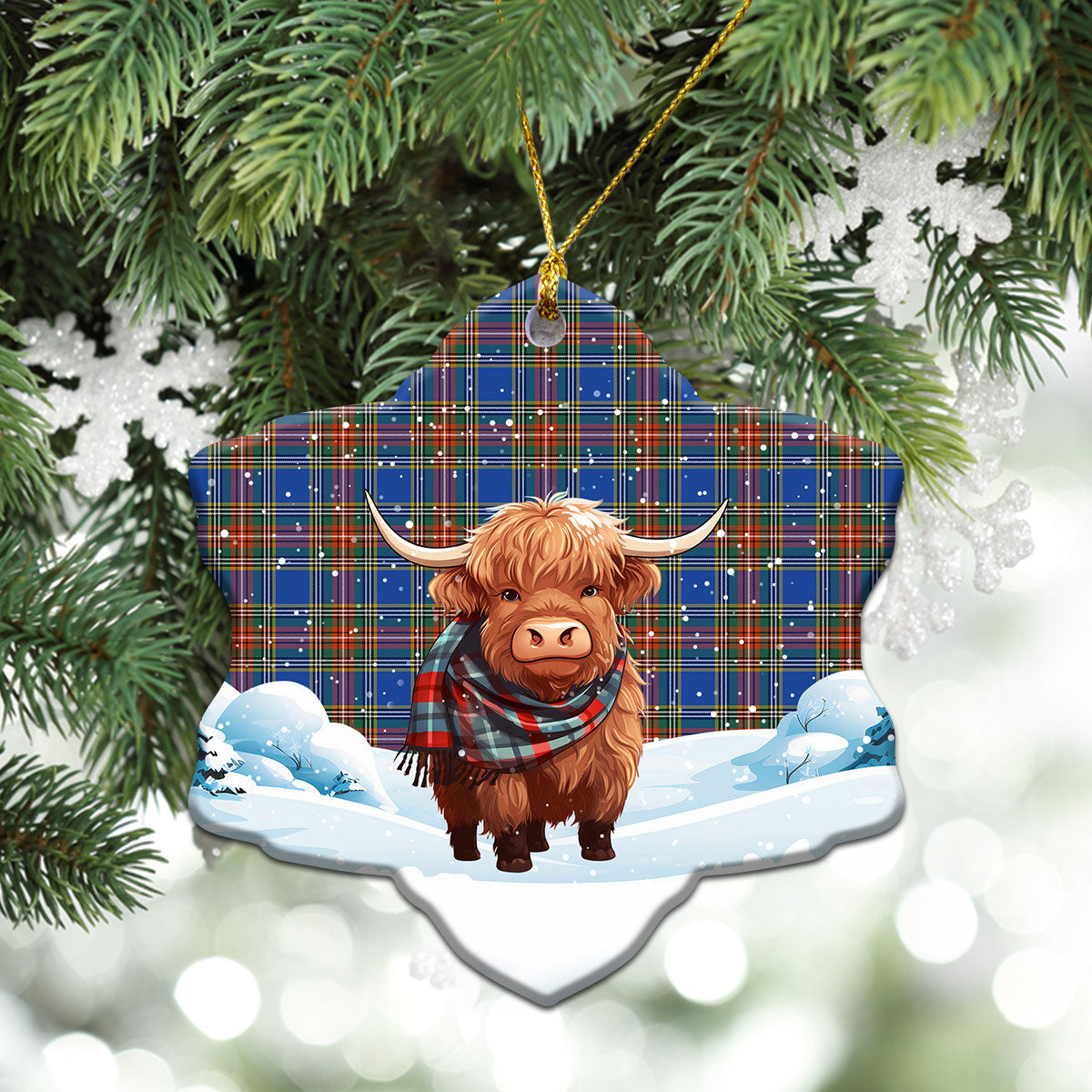 Beaton Ancient Tartan Christmas Ceramic Ornament - Highland Cows Snow Style