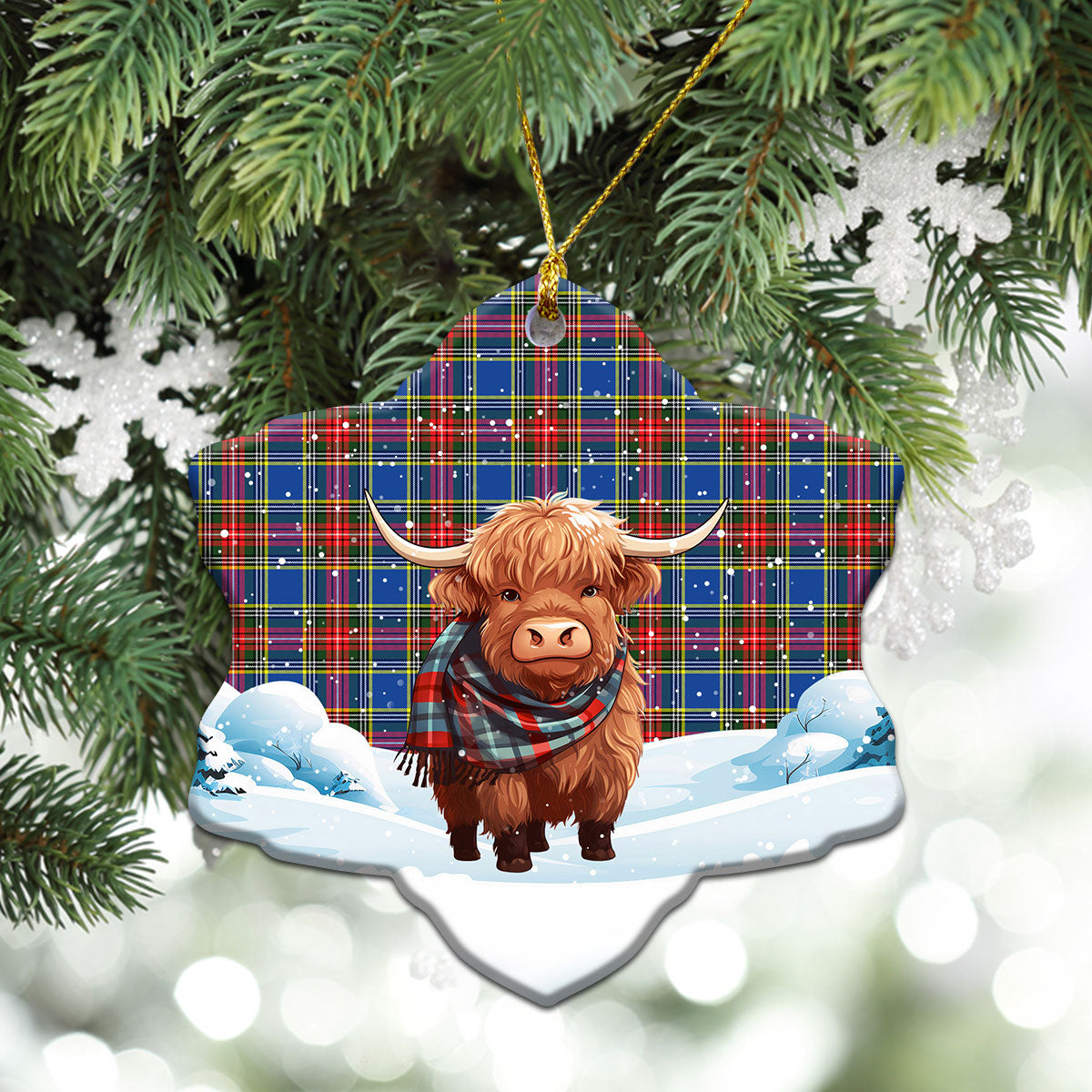 Bethune Modern Tartan Christmas Ceramic Ornament - Highland Cows Snow Style