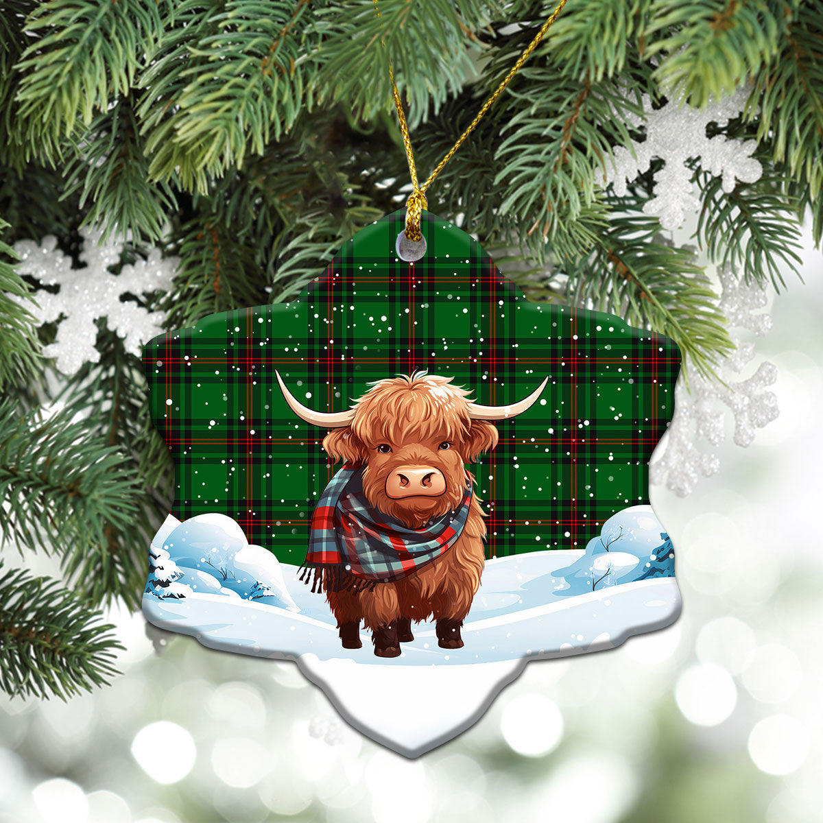 Beveridge Tartan Christmas Ceramic Ornament - Highland Cows Snow Style