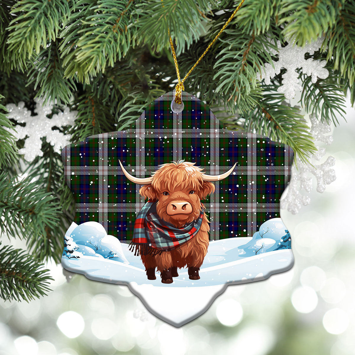 Blair Dress Tartan Christmas Ceramic Ornament - Highland Cows Snow Style