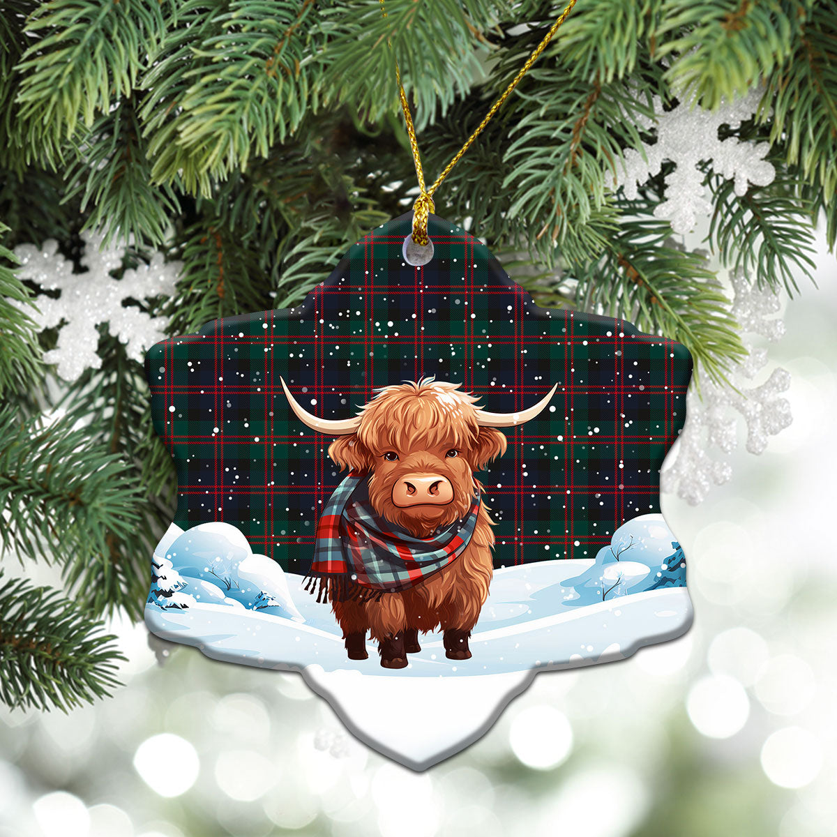 Blair Modern 01 Tartan Christmas Ceramic Ornament - Highland Cows Snow Style