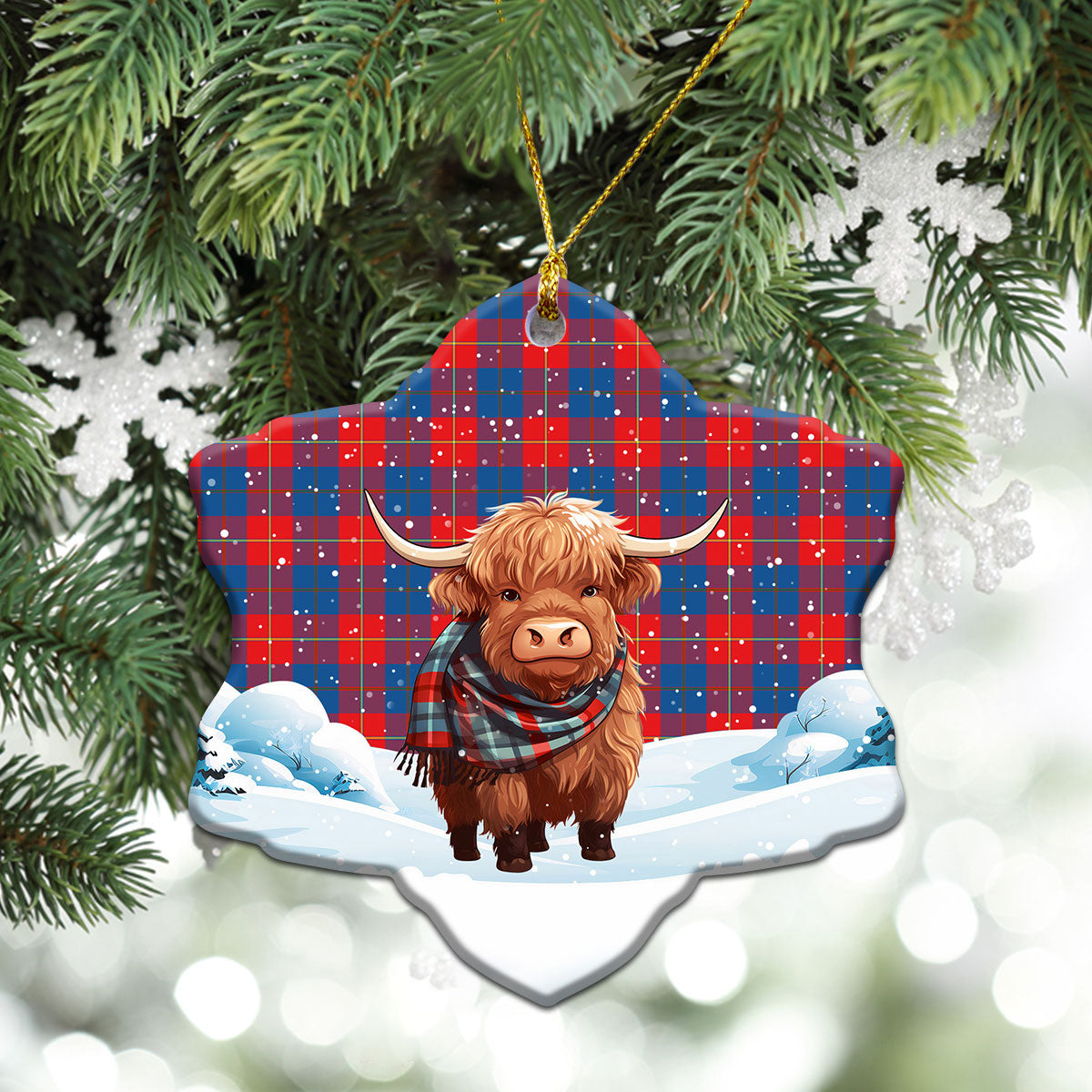 Blane Tartan Christmas Ceramic Ornament - Highland Cows Snow Style