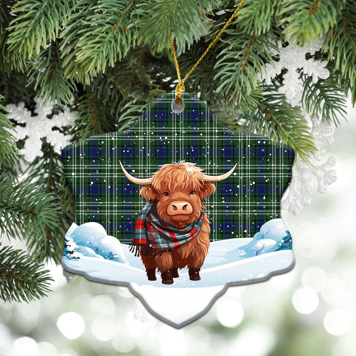 Blyth Tartan Christmas Ceramic Ornament - Highland Cows Snow Style