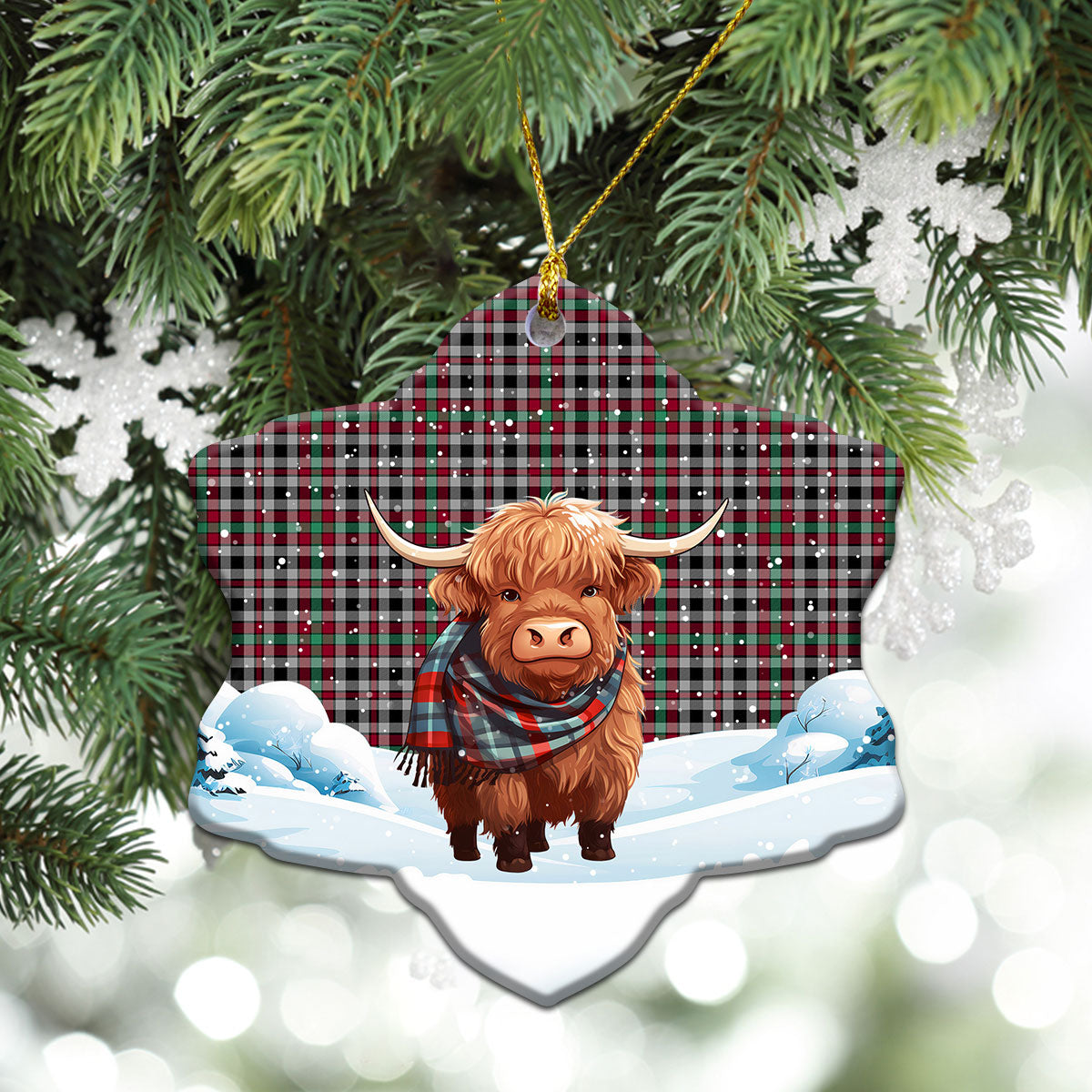 Borthwick Ancient Tartan Christmas Ceramic Ornament - Highland Cows Snow Style