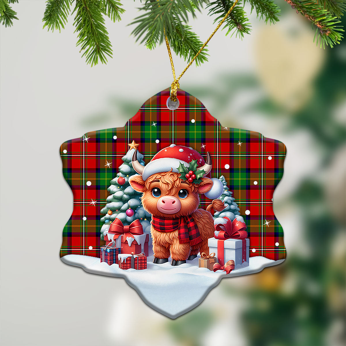 Boyd Modern Tartan Christmas Ceramic Ornament - Highland Cow Winter Style