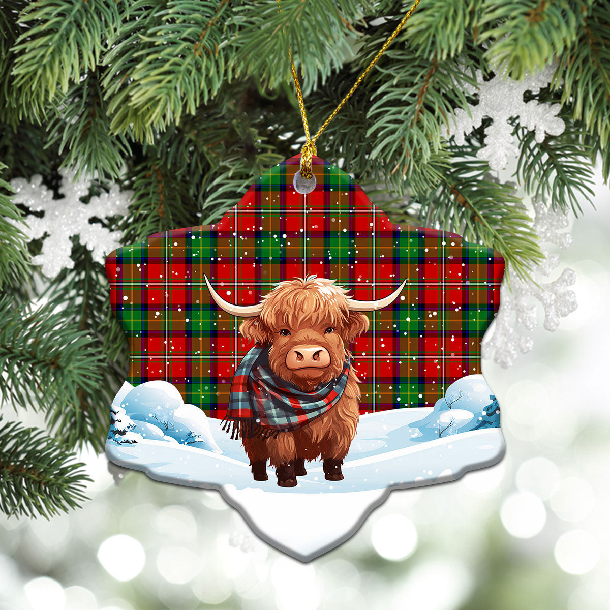 Boyd Modern Tartan Christmas Ceramic Ornament - Highland Cows Snow Style