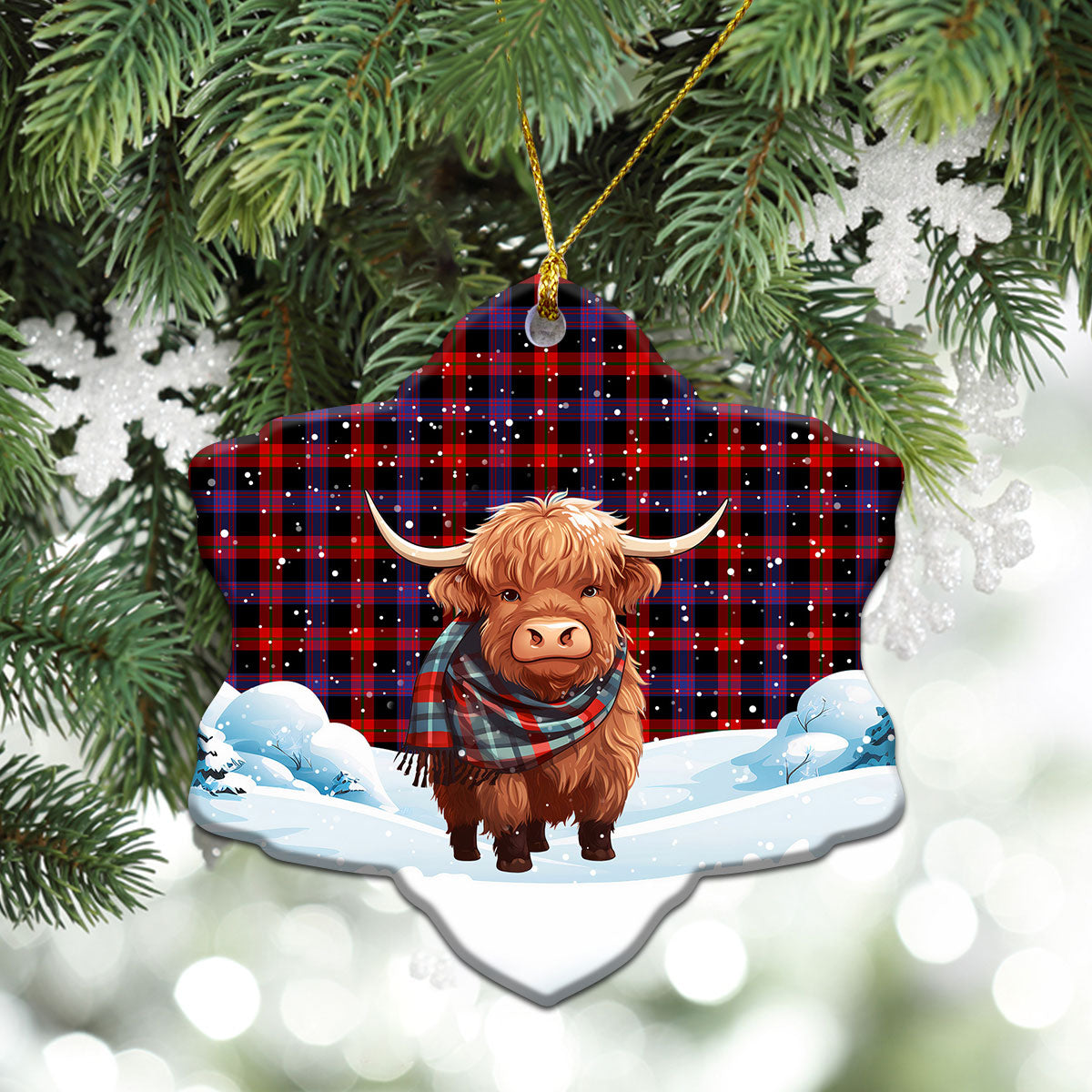 Broun Modern Tartan Christmas Ceramic Ornament - Highland Cows Snow Style